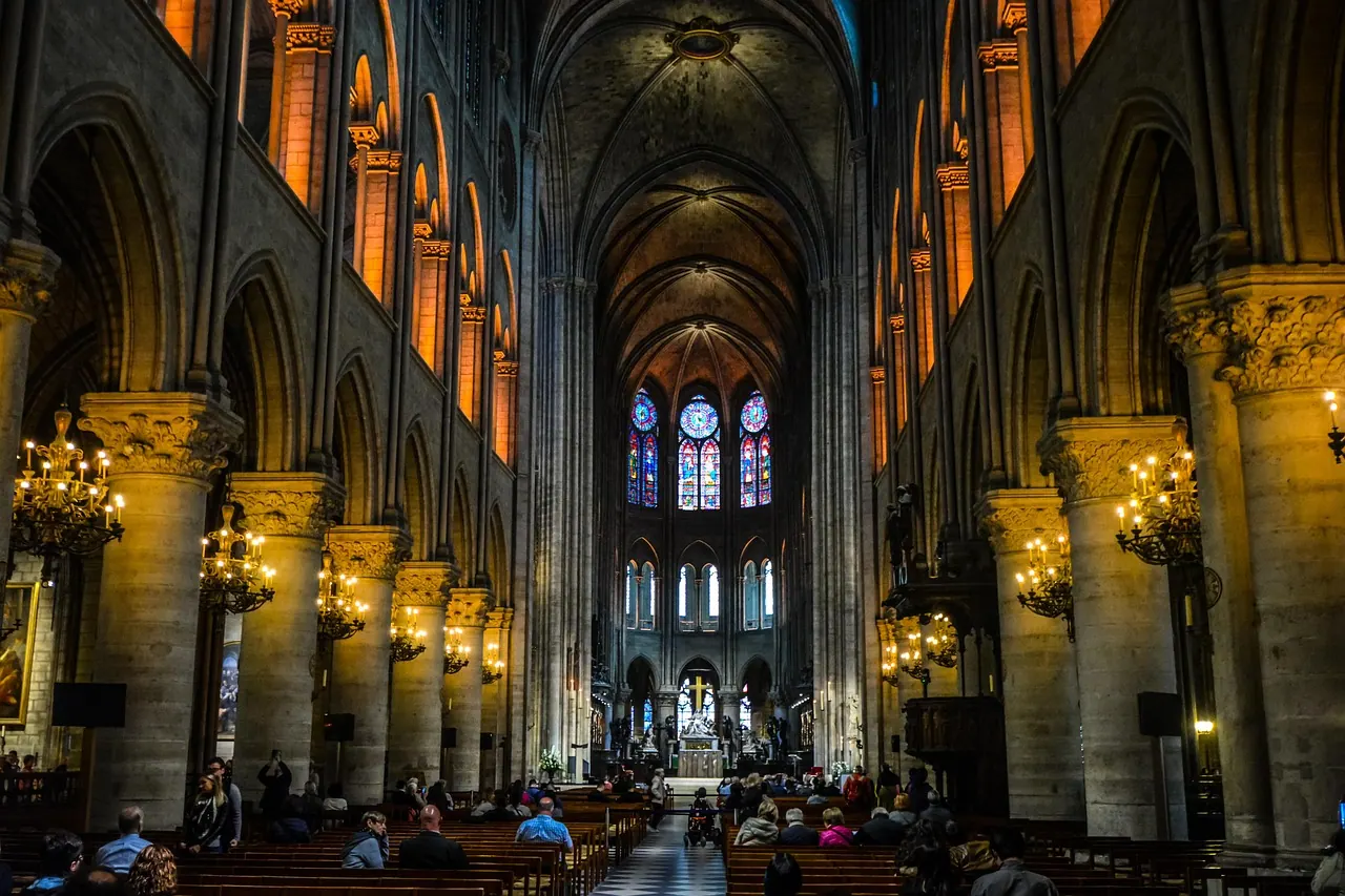 church, cathedral, architecture, travel, religion, notre dame, notre dame cathedral, interior, gothic, stained glass windows, dark, religious, christianity, landmark, paris, france