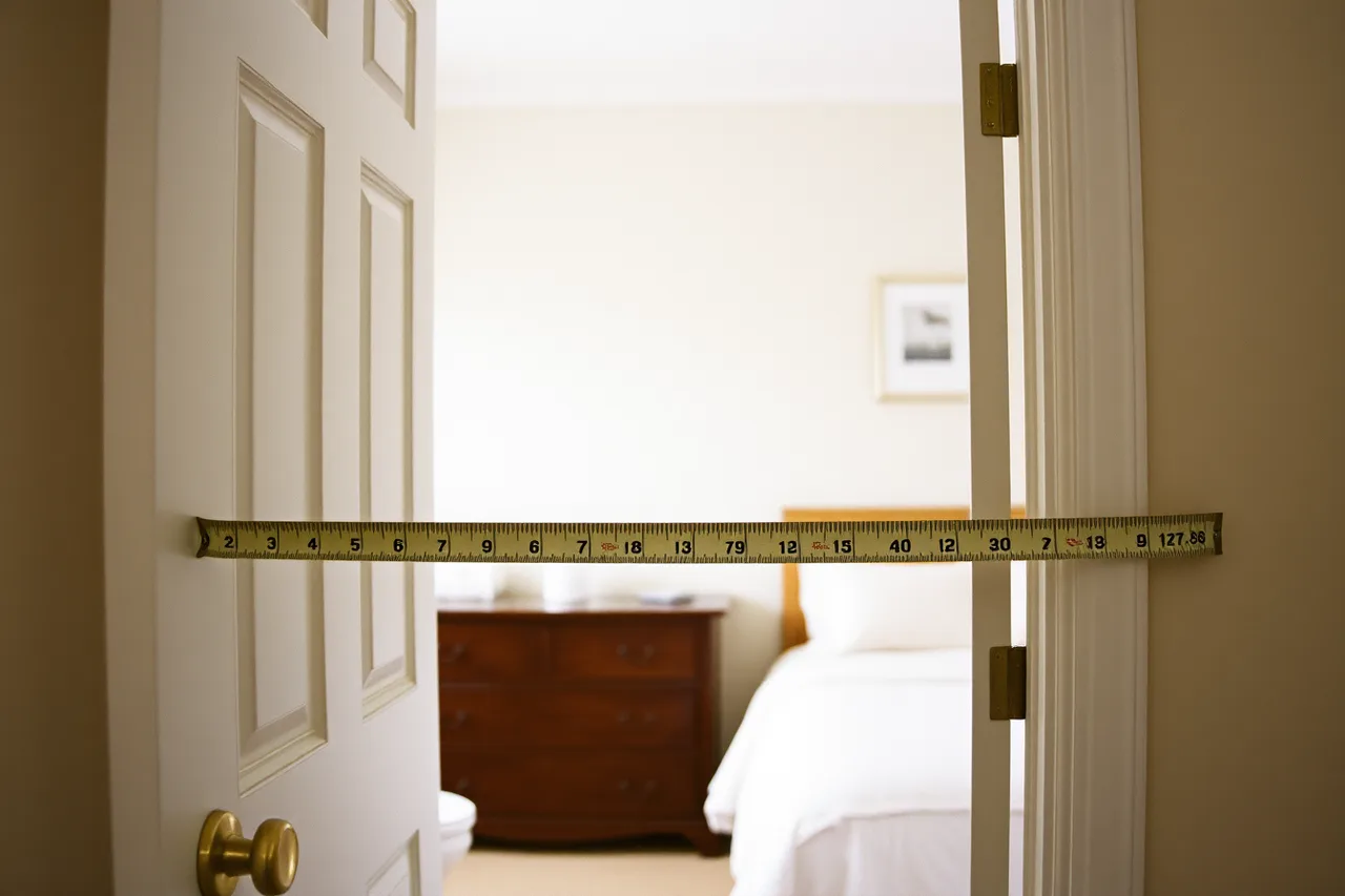 Tape measure across open bathroom doorway showing clear width (Photographing mobility-friendly hotels: bathroom first, then the exits)
