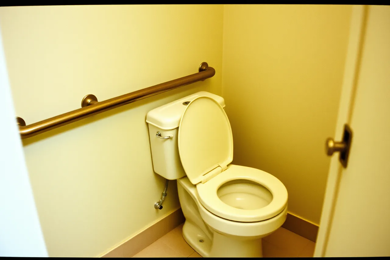 Toilet with grab bars and open transfer space on one side (Photographing mobility-friendly hotels: bathroom first, then the exits)
