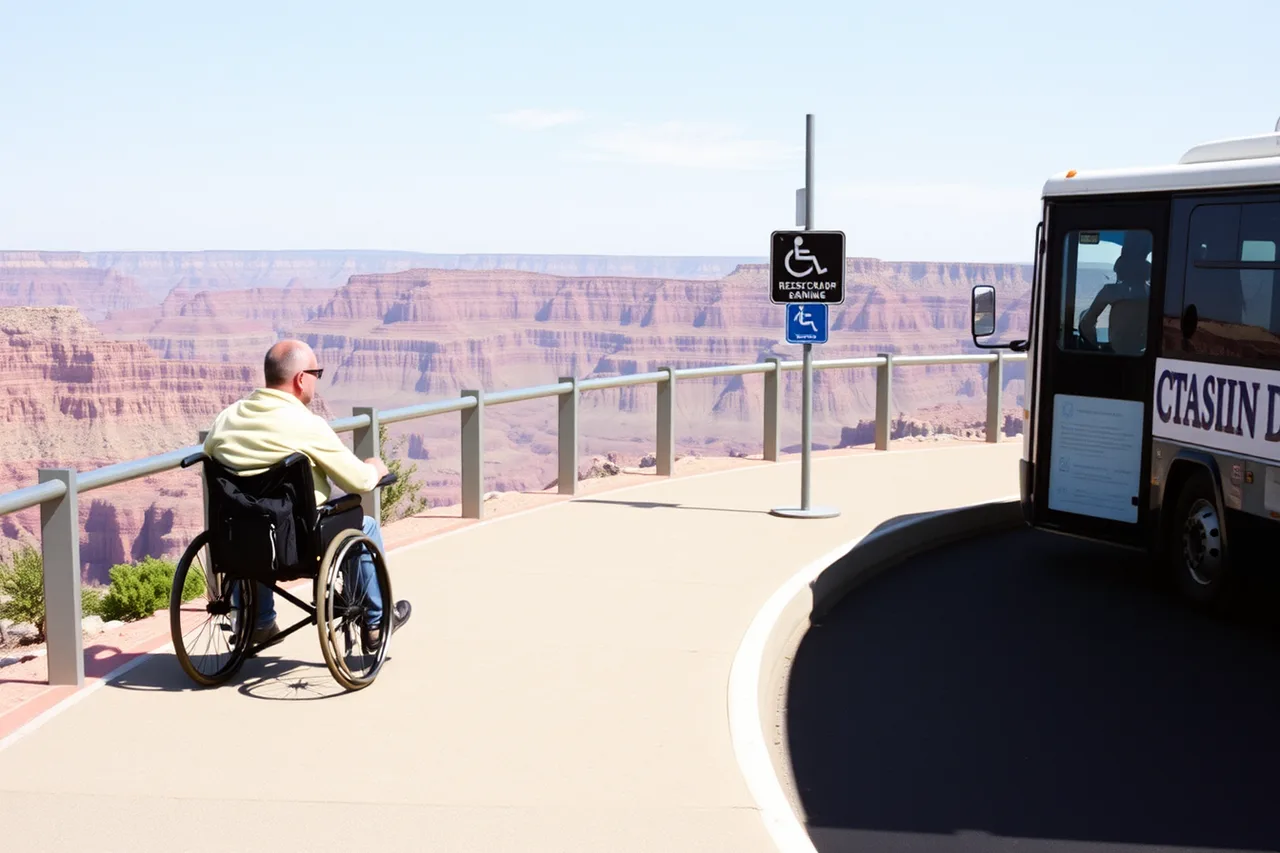 Wheelchair user on paved Grand Canyon viewpoint path beside accessible shuttle (One anchor a day: the shape that keeps accessible U.S. travel simple)