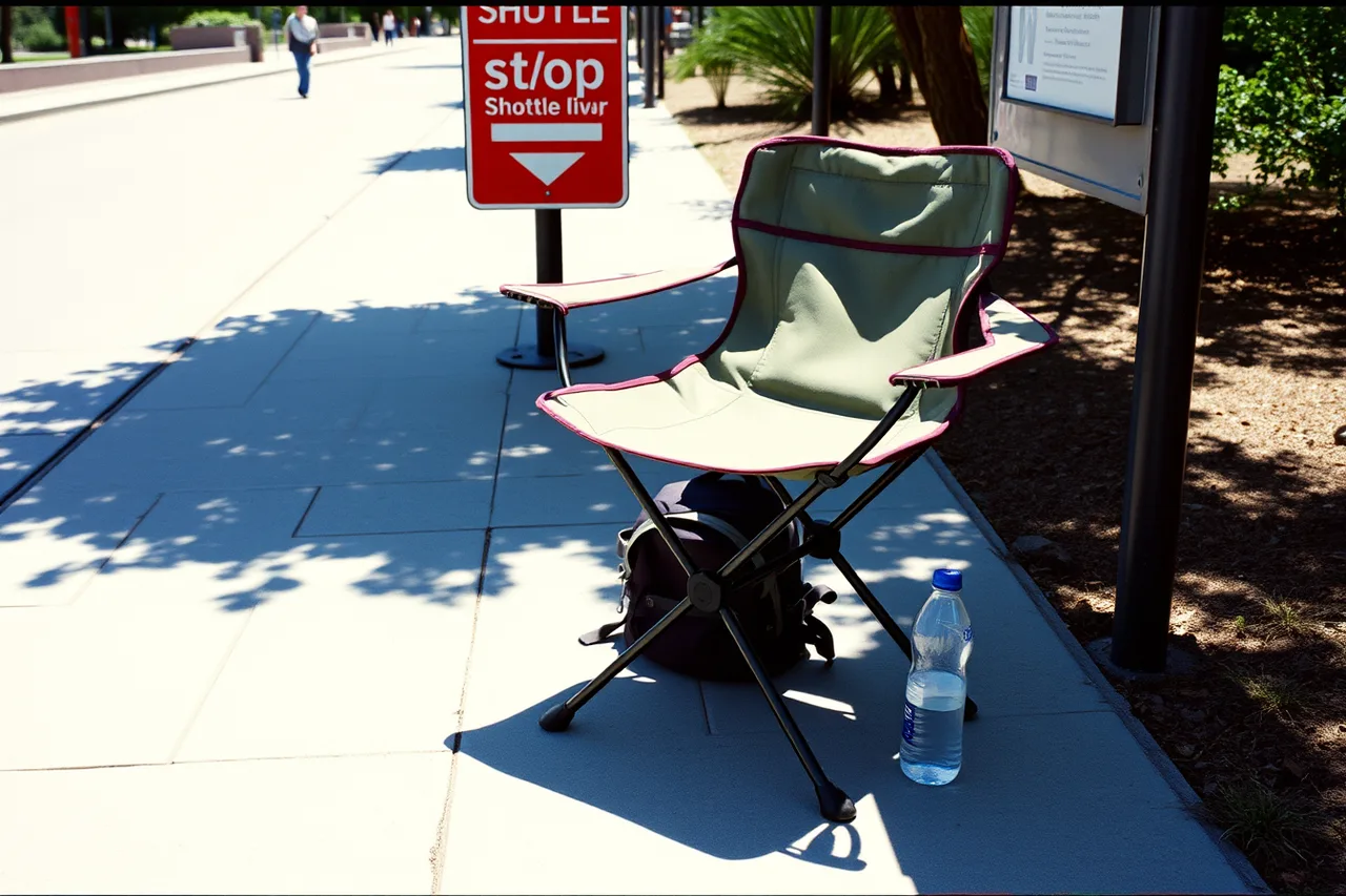 Folding seat cane unfolded on a sunny paved path beside a shuttle stop (A packing list for an accessible attraction visit)
