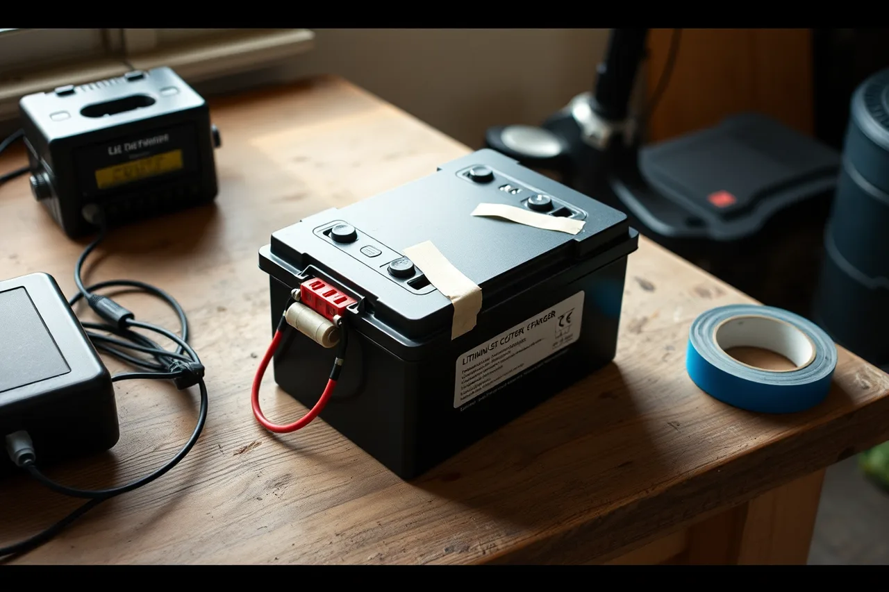 Mobility scooter lithium battery with taped terminals and a label (Keeping a travel mobility device working for the whole trip)