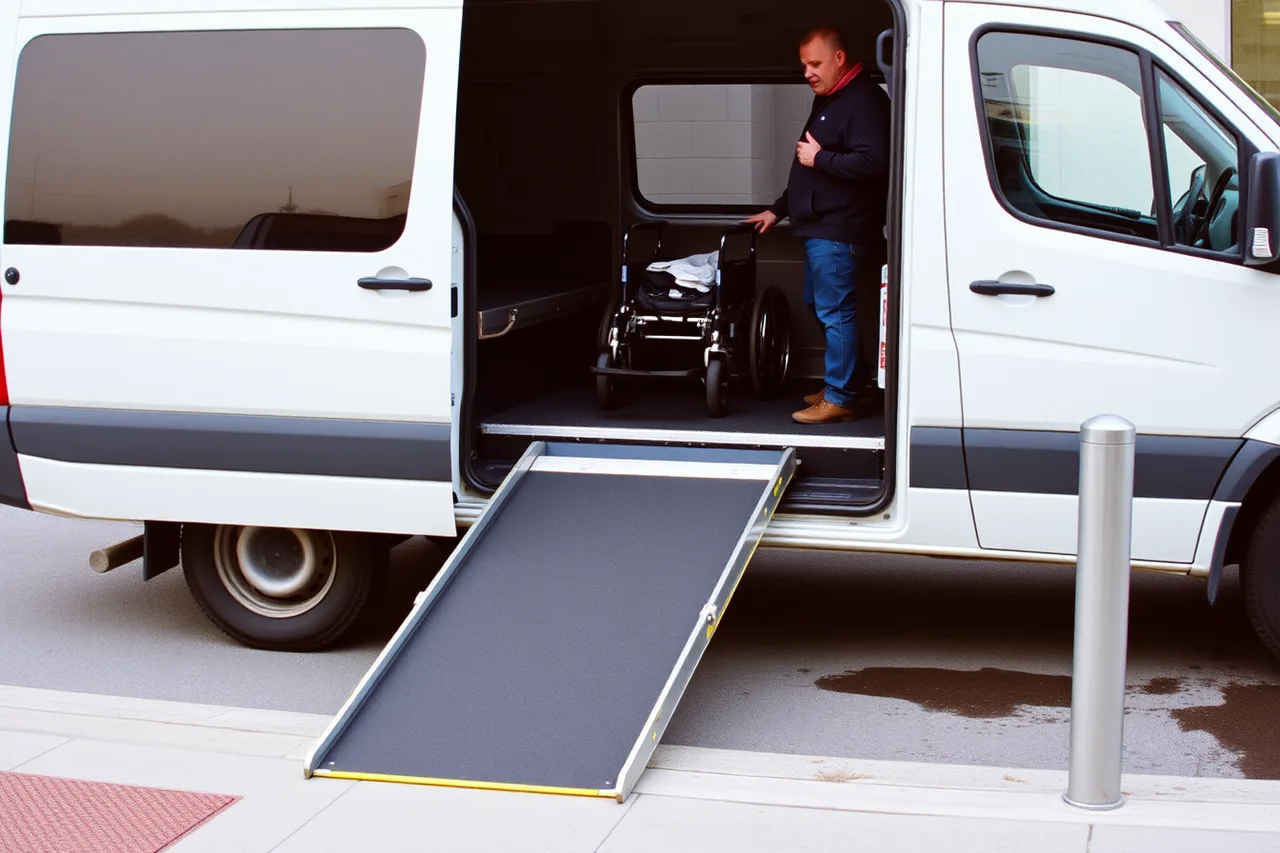 Van side ramp deployed at curb with wheelchair user boarding (What one traveler's booking near-miss teaches about accessible trips)