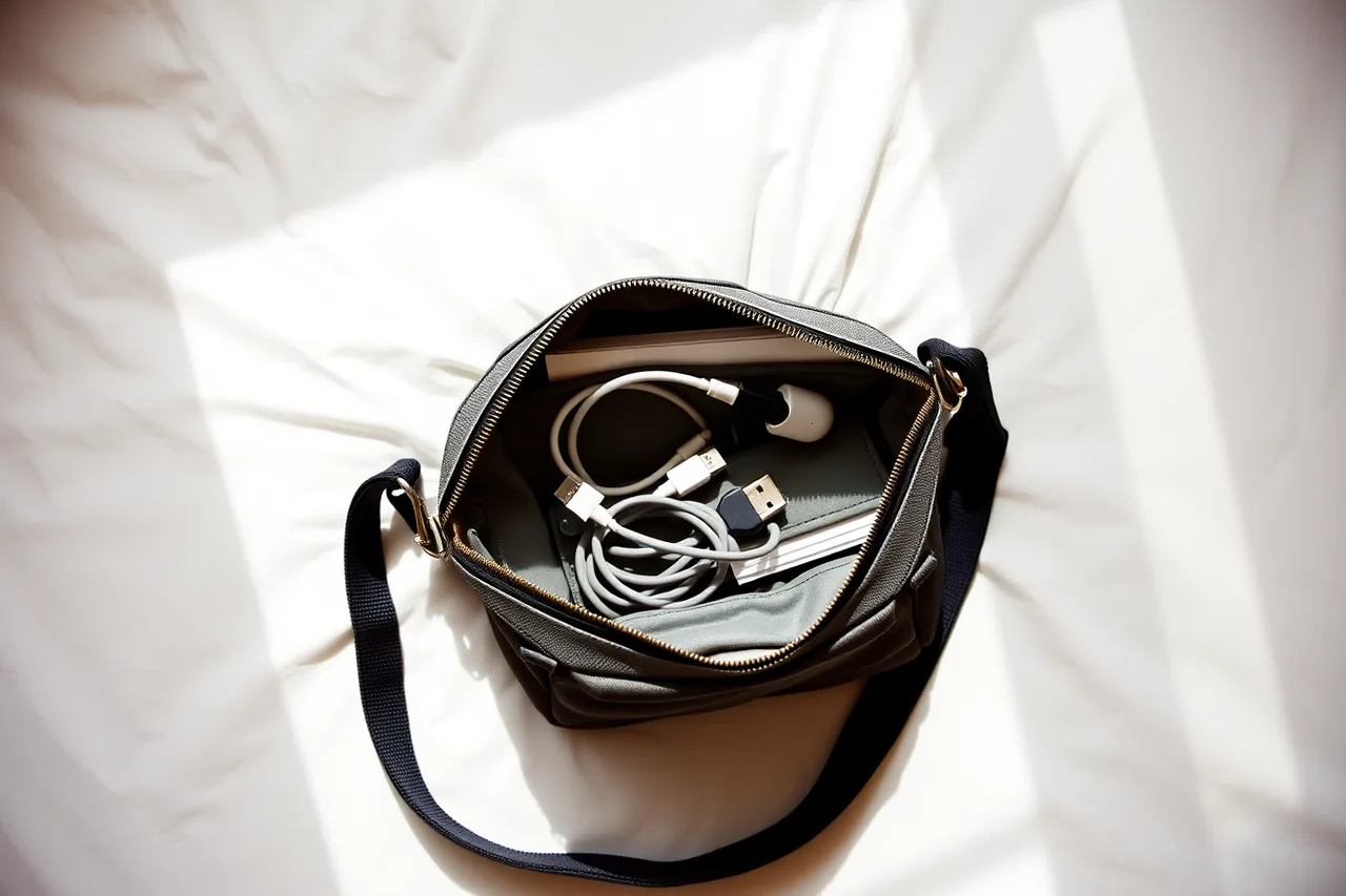 Small crossbody bag open with medication, chargers, and document folder inside (Packing for an accessible weekend: redundancy beats extra volume)