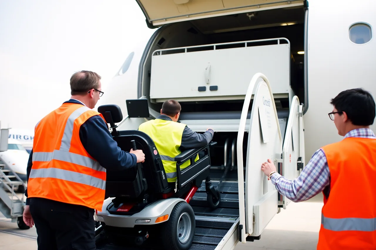 Ground crew loading a power wheelchair into an aircraft cargo hold (Air travel in the U.S. with a wheelchair, DOT rules and damage claims)