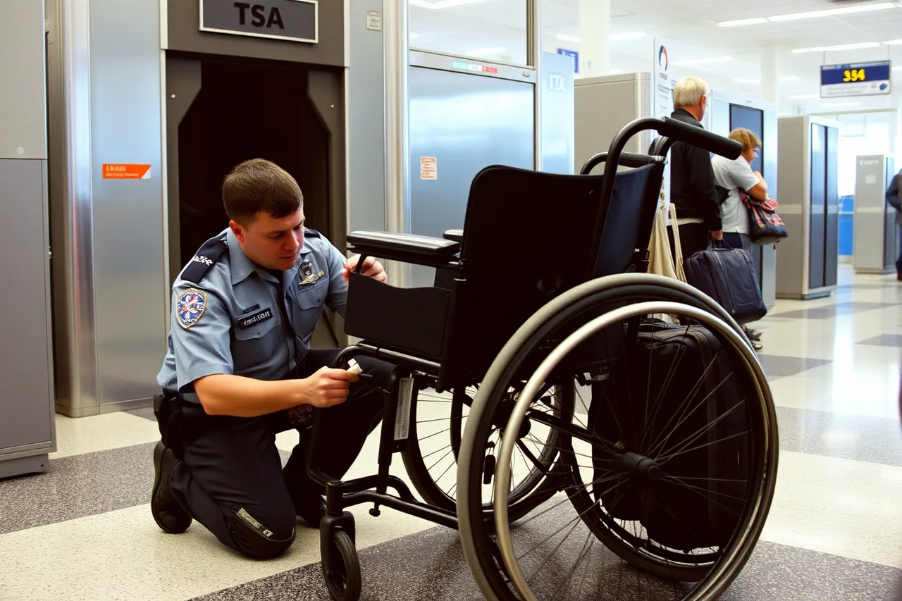 TSA officer swabbing a wheelchair frame at a checkpoint (Air travel in the U.S. with a wheelchair, DOT rules and damage claims)