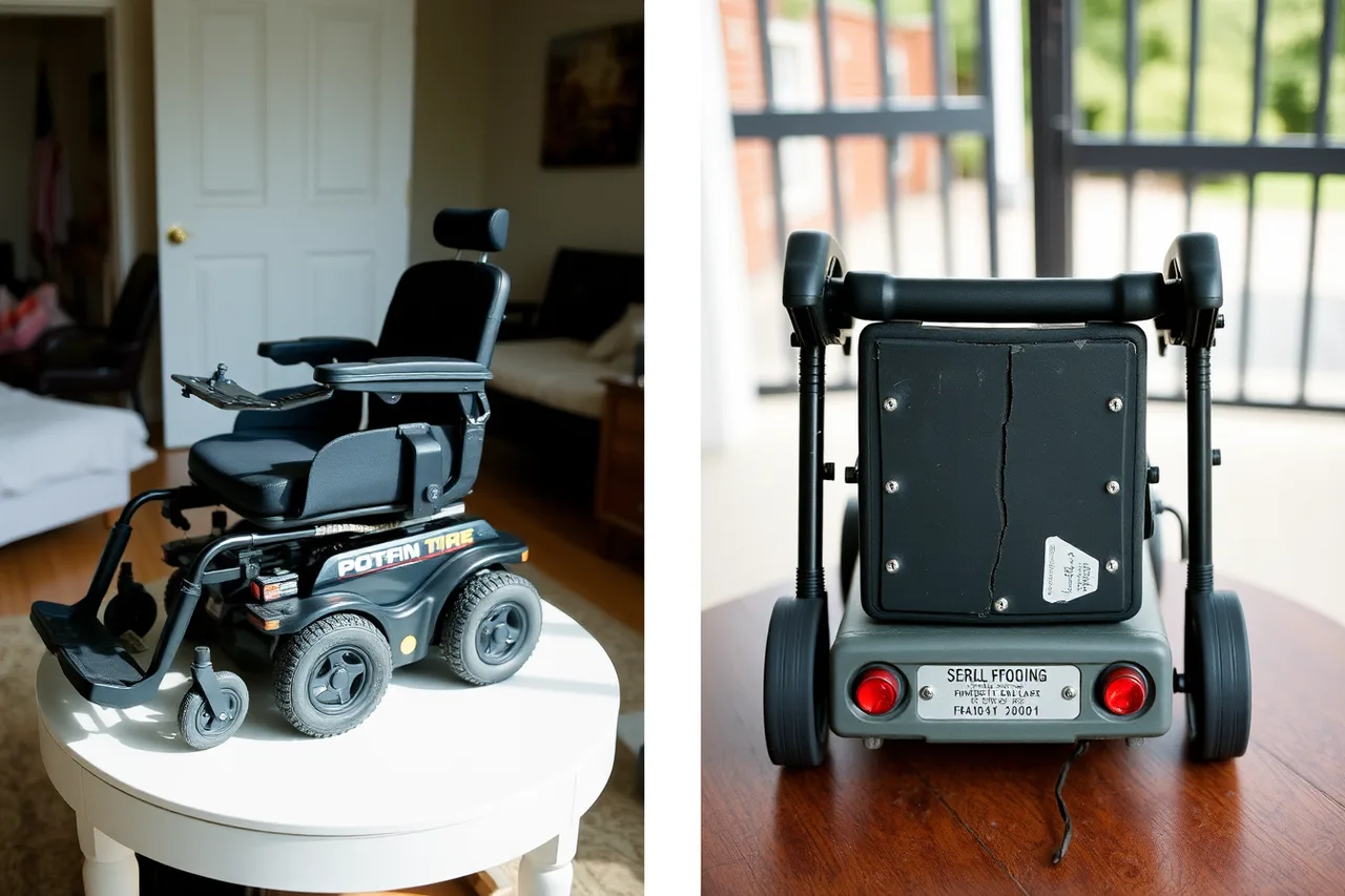 Before-and-after photos of a wheelchair with a bent frame (Air travel in the U.S. with a wheelchair, DOT rules and damage claims)