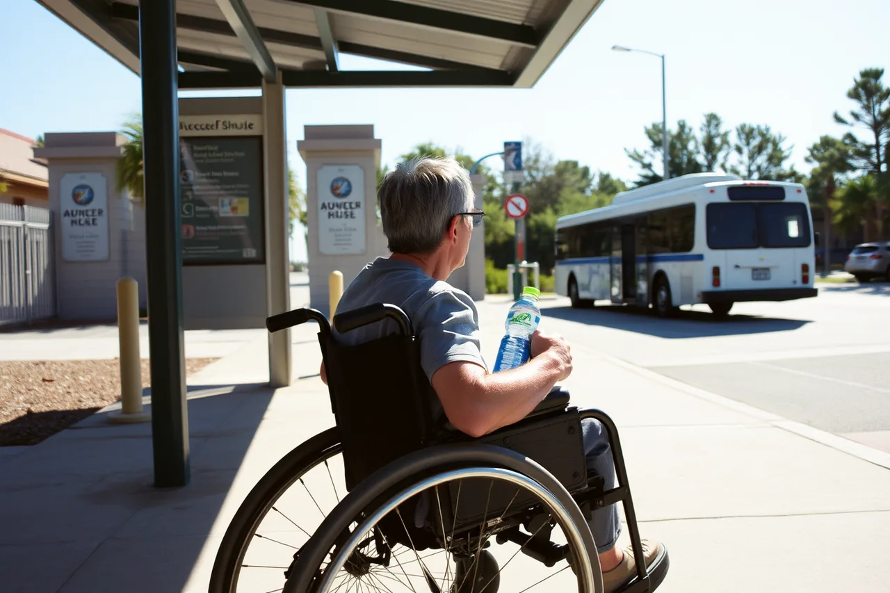 Wheelchair user waiting in summer heat at an outdoor shuttle stop (Accessible attraction visits go easier in the cooler shoulder season, not summer)