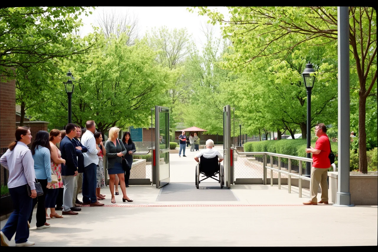 Short queue at a single accessible entrance on a mild spring day (Accessible attraction visits go easier in the cooler shoulder season, not summer)