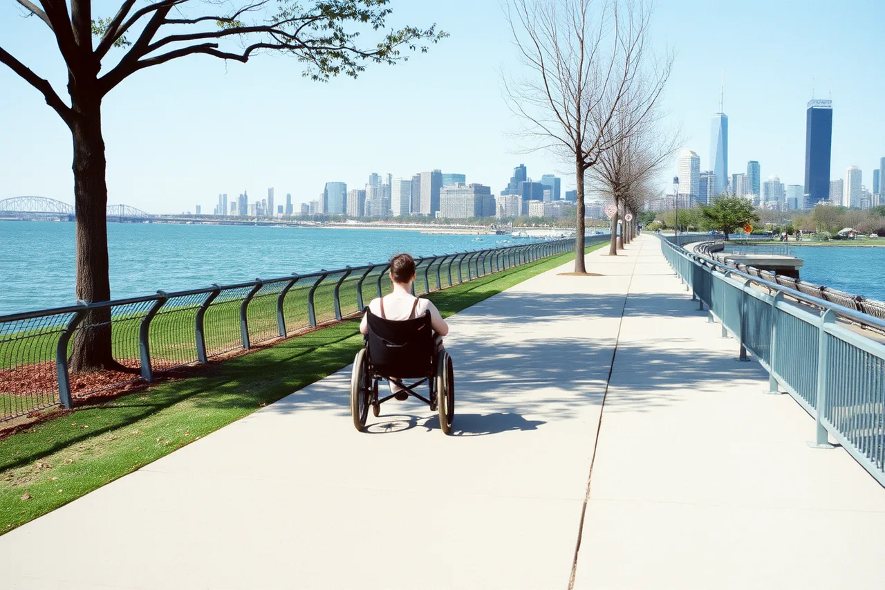 Wheelchair user on wide paved Chicago Lakefront Trail beside Lake Michigan (Chicago and Denver as bases for accessible Midwest and mountain trips)
