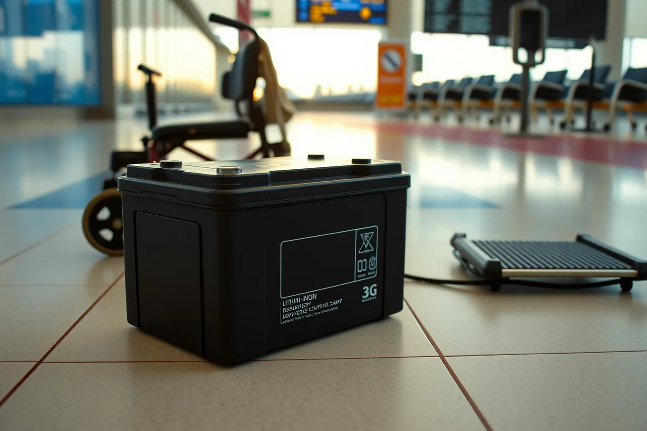 Removable lithium-ion battery taken out of a power wheelchair at an airport gate (Cross-border accessible travel between the U.S. and Canada explained)
