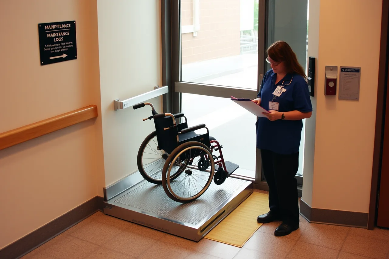 Wheelchair lift at entrance with maintenance log clipboard beside controls (Practical fixes businesses can make to stop the usual access errors)