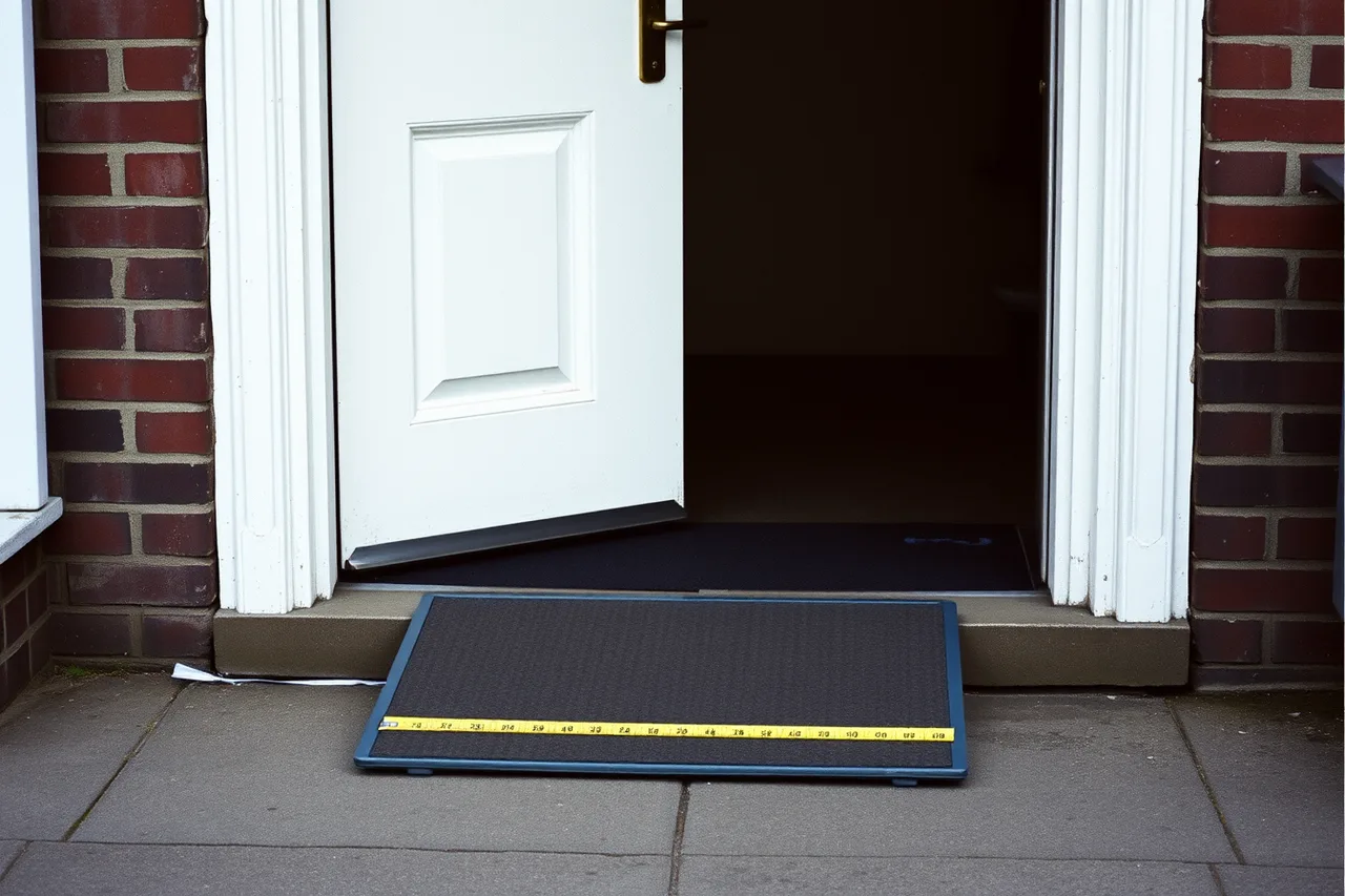 Entrance door with portable ramp over a step, taken from seated height (Why measurements matter more than the word accessible in U.S. travel listings)