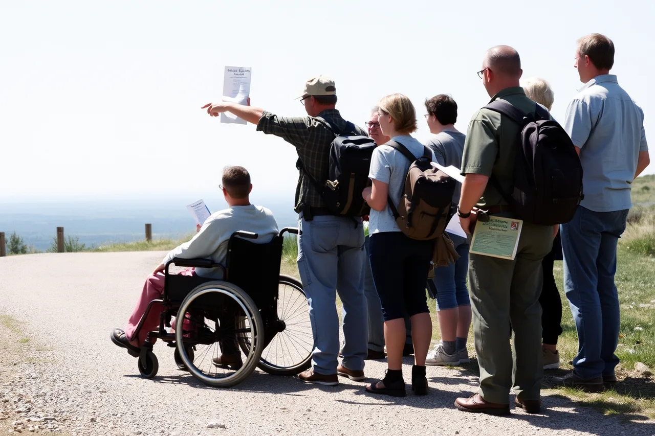 Ranger leading a small group including a wheelchair user on a level path (Where accessible weekend guides come from: rangers, not travel agents)