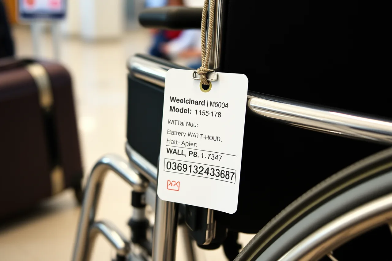 Laminated card tied to wheelchair frame with model, battery rating and phone number (Travel mobility equipment for people who want the details as of 2027)