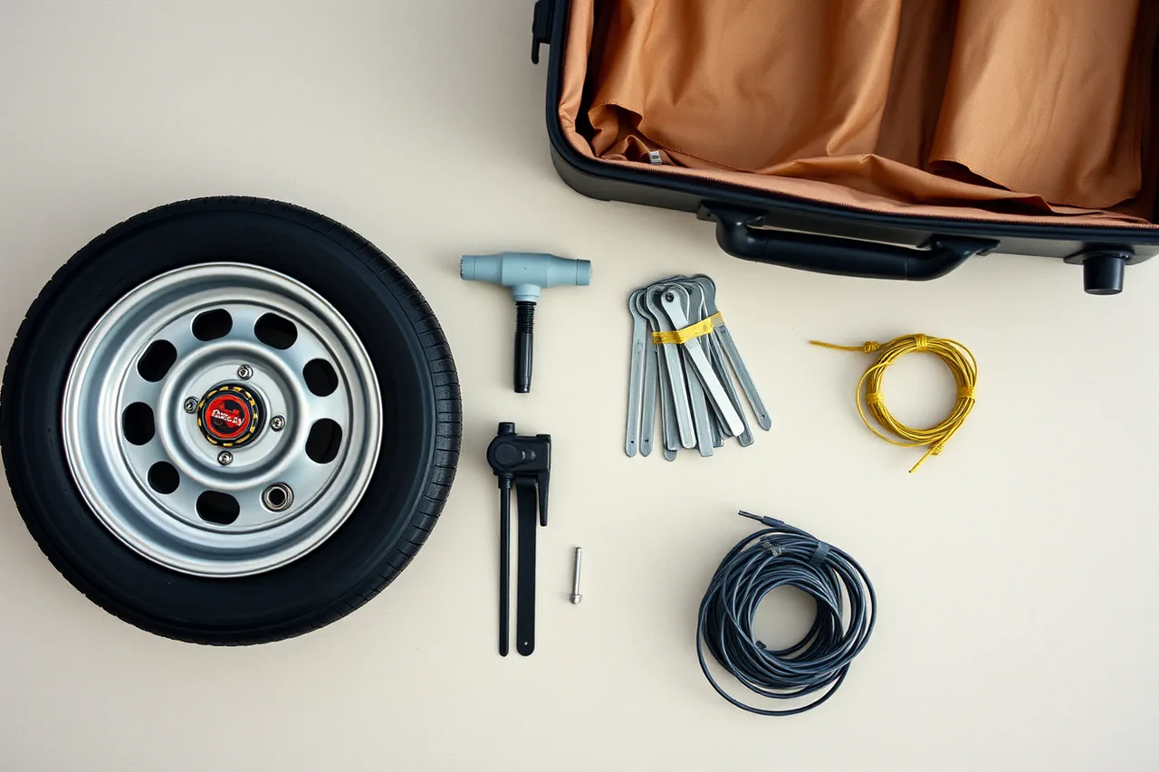 Spare castor wheel, valve caps, pump, hex keys, cable ties and strapping laid out for packing (Travel mobility equipment for people who want the details as of 2027)