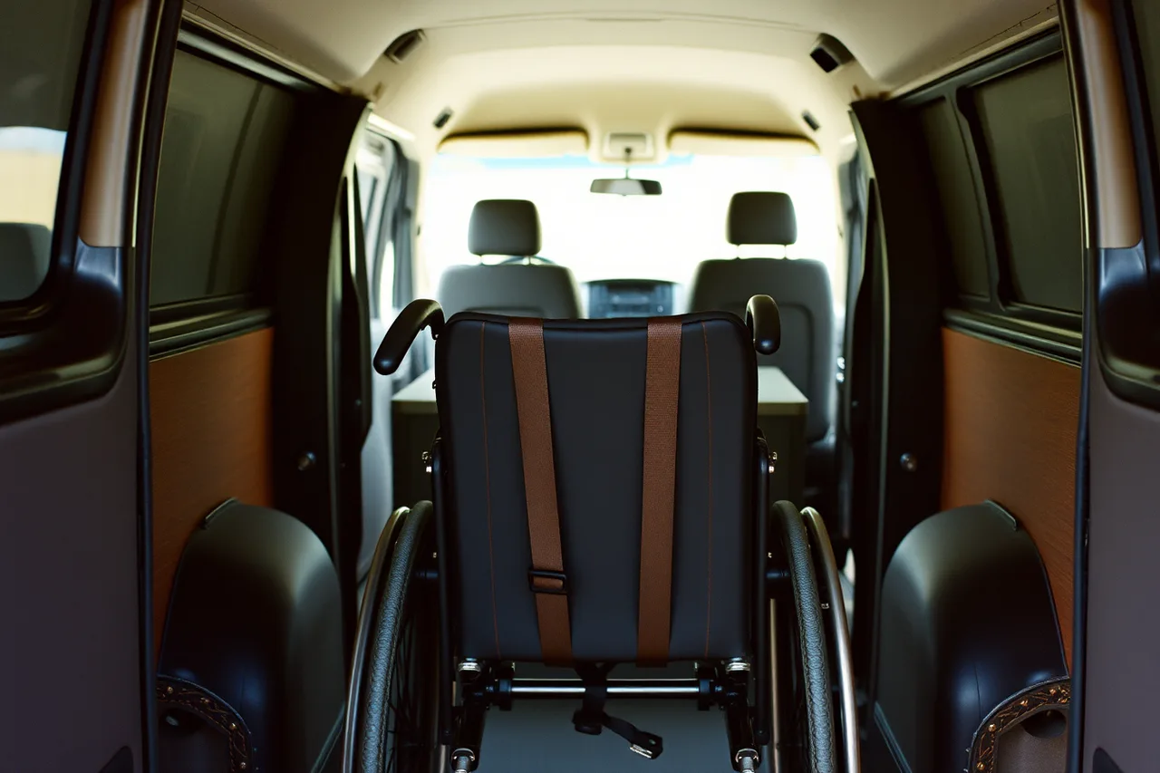 Wheelchair tied down inside an adapted van, facing forward (Driving versus flying: which suits a wheelchair accessible trip)
