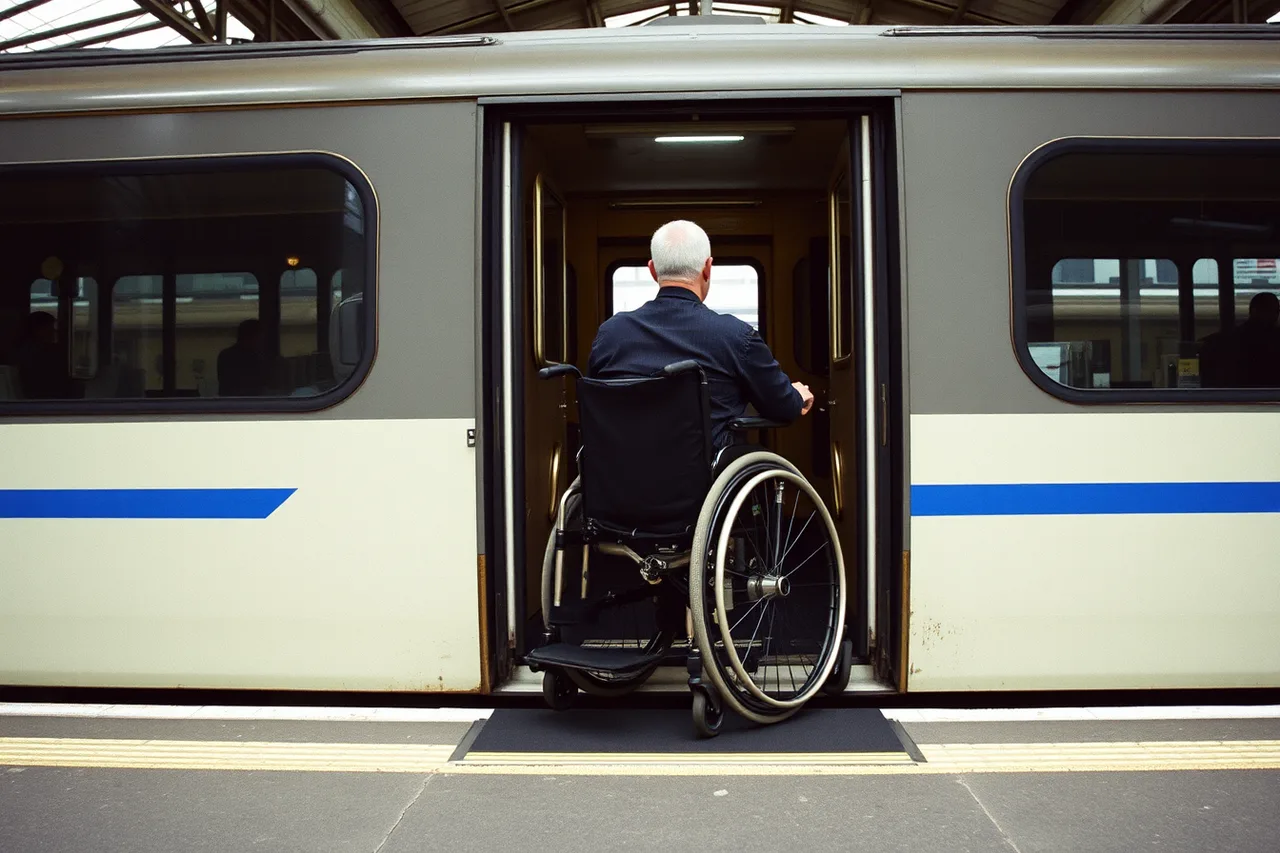 Wheelchair user boarding a train across a level platform gap (Driving versus flying: which suits a wheelchair accessible trip)