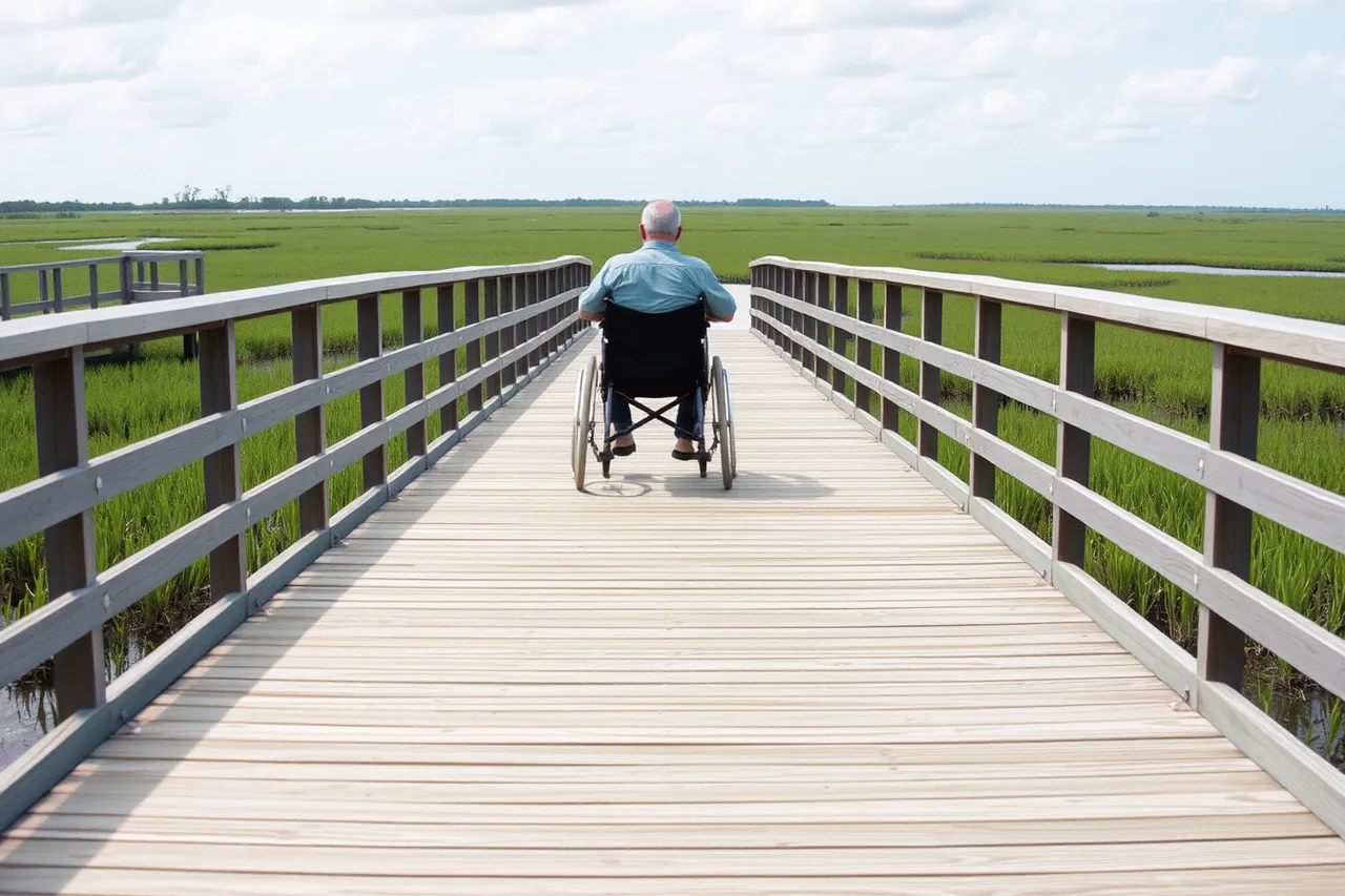 Wheelchair user rolling along a level Everglades boardwalk over marsh (8 honest notes on wheelchair accessible trips)