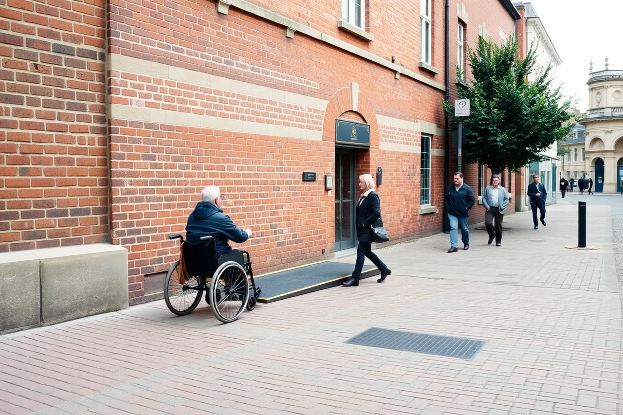 Wheelchair user entering a step-free historic building on a flat city block (8 honest notes on wheelchair accessible trips)