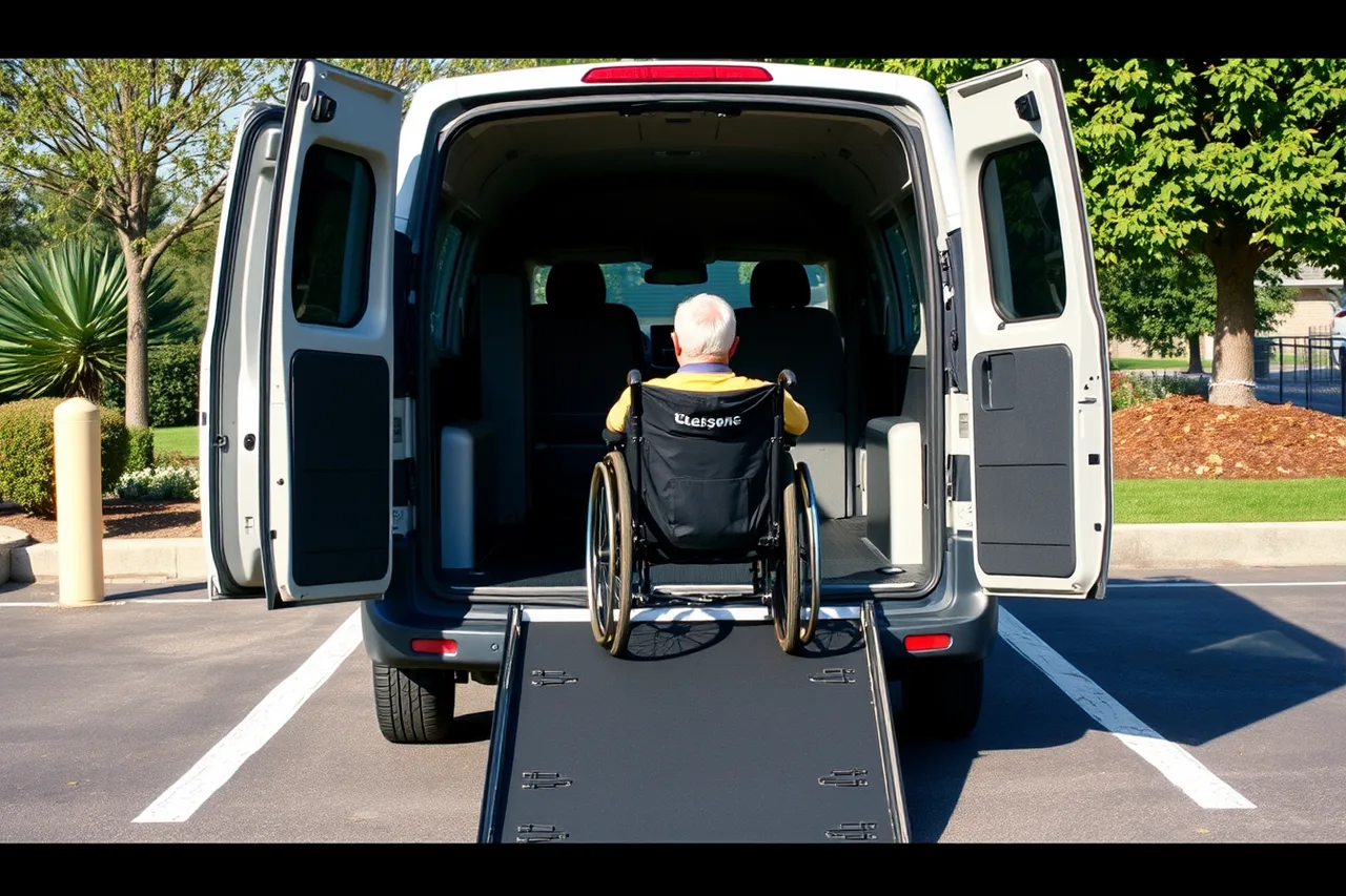Rear-entry wheelchair van with foldout ramp deployed in a parking space (What to Check Before Renting a Wheelchair Van in the U.S.)
