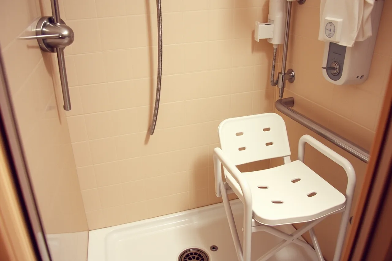 Roll-in shower controls and folding seat seen from seated height (Confirming an accessible U.S. hotel room before you travel)